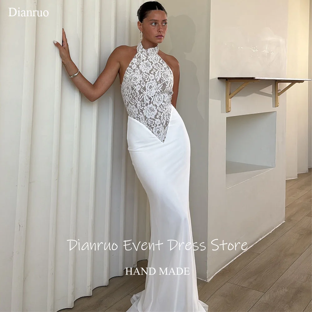 

Dianruo Halter Fitted Formal Evening Dresses Lace Appliques Wedding Dress Long Sleeveless Mermaid Vestido De Noiva Customized