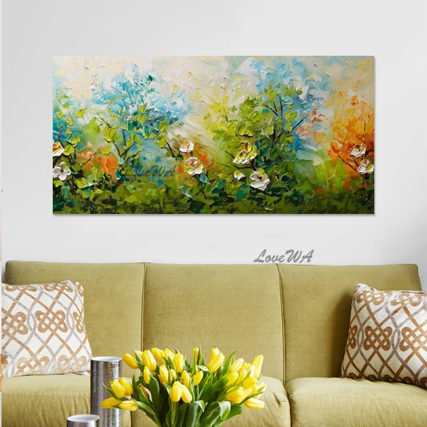 Abstract Frameless Green Plant Art Landscape Paintings, Acrylic Decoration Canvas Floral Wall Picture, Large Size Design Artwork