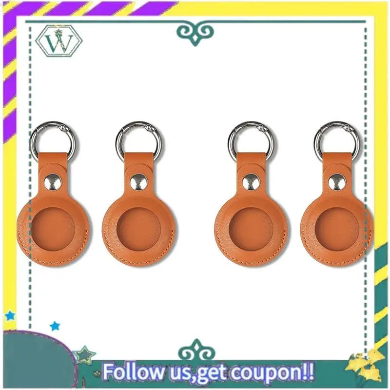

A28Q-4Pcs Case Compatible For Airtag, PU Leather Skin Cover With Keychain Holder Key Ring For Air Tag Accessories Brown