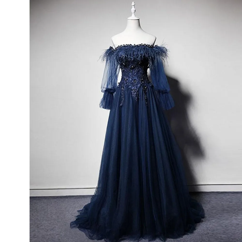 Vestidos de fiesta personalizados de color azul marino oscuro, vestidos de noche formales con plumas de encaje y hombros descubiertos, mangas largas hinchadas, bata de fiesta de Gala