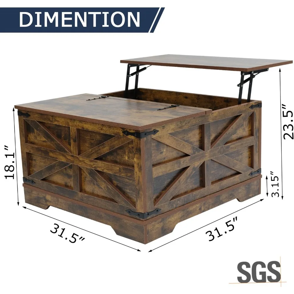 طاولة قهوة المزرعة مع مساحة تخزين مخفية كبيرة، طاولة مركزية خشبية مربعة ريفية مع سطح رفع مفصلي، حواف معدنية، بني