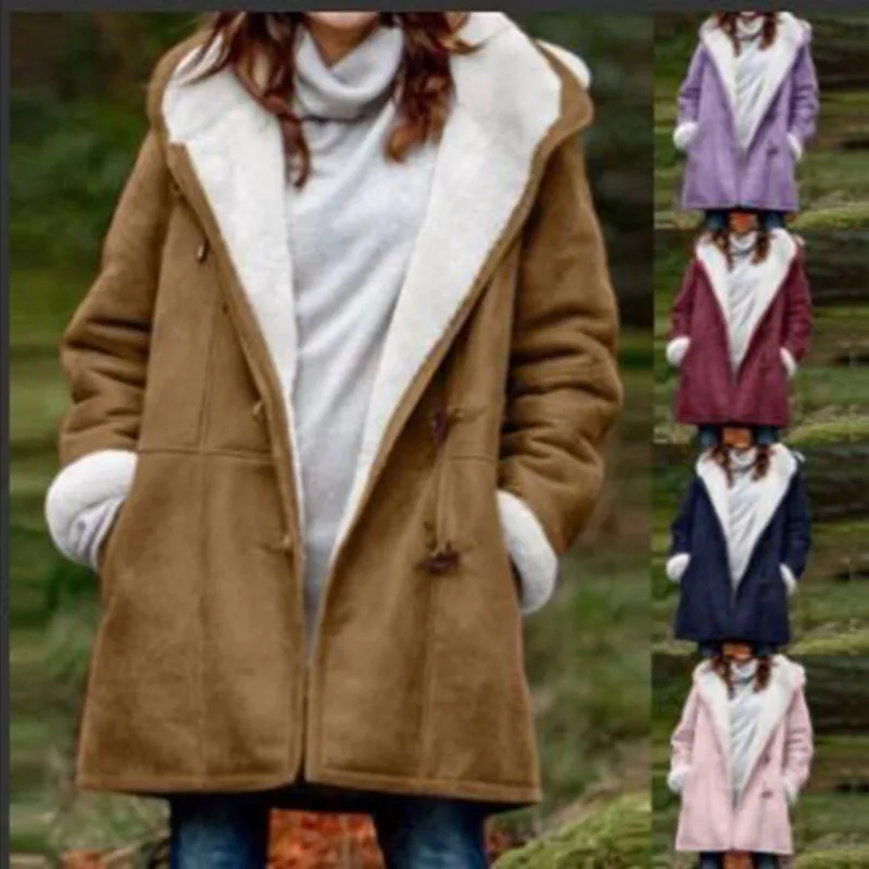 Winter Intellectual Simplicity Harajuku Solid Color Casual Button Cardigan Warm Medium and Long Hooded Women's Coat