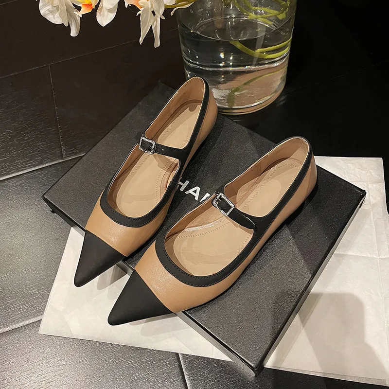 

MKKHOU Fashion Women Shoes New High Quality Real Leather Pointed Square Button Color-blocking Flat MaryJane Daily Light Shoes