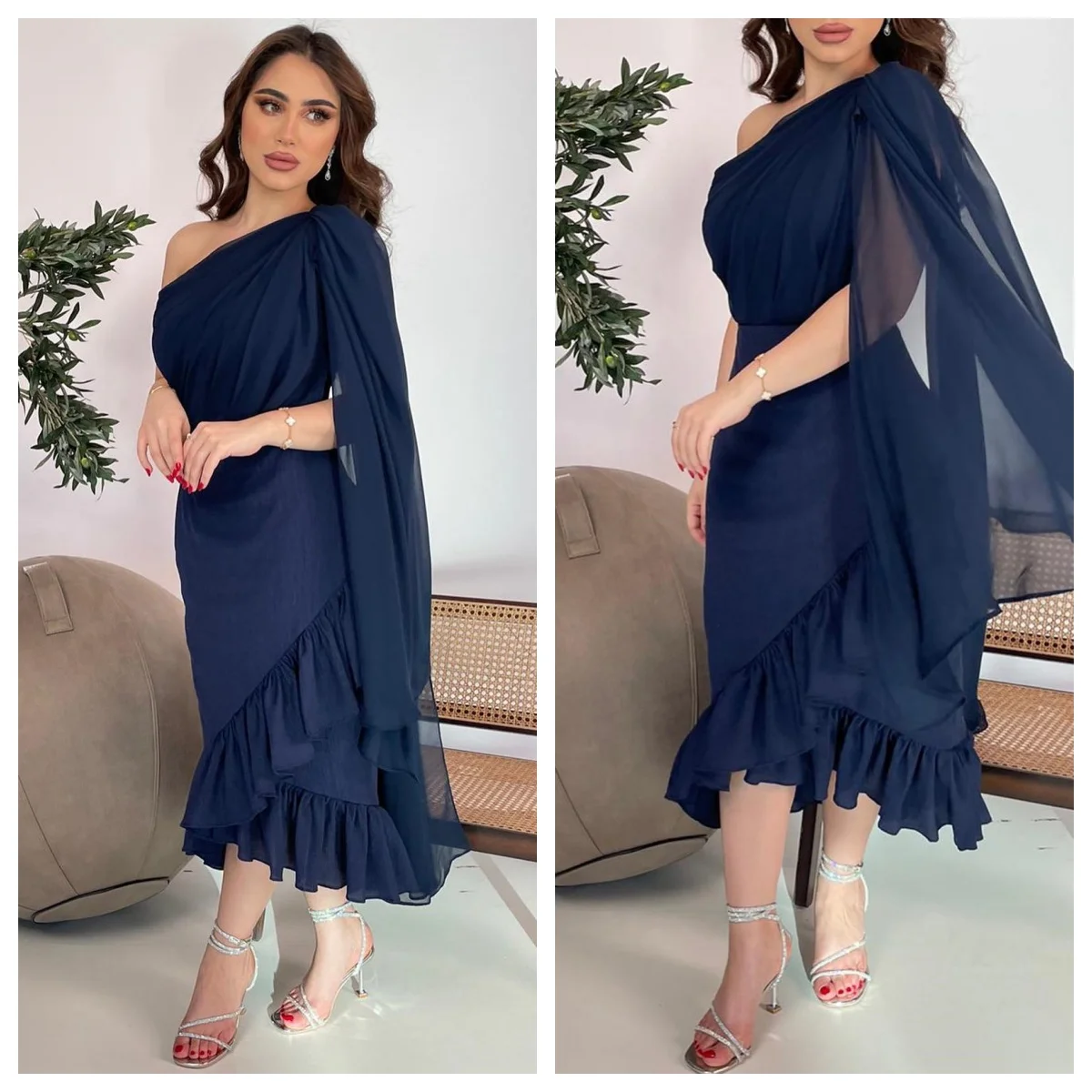 فستان سهرة مخصص رائع من الشيفون بكتف واحد بدون أكمام فساتين حفلات بسيطة غير متناظرة بطول الشاي فساتين المشاهير