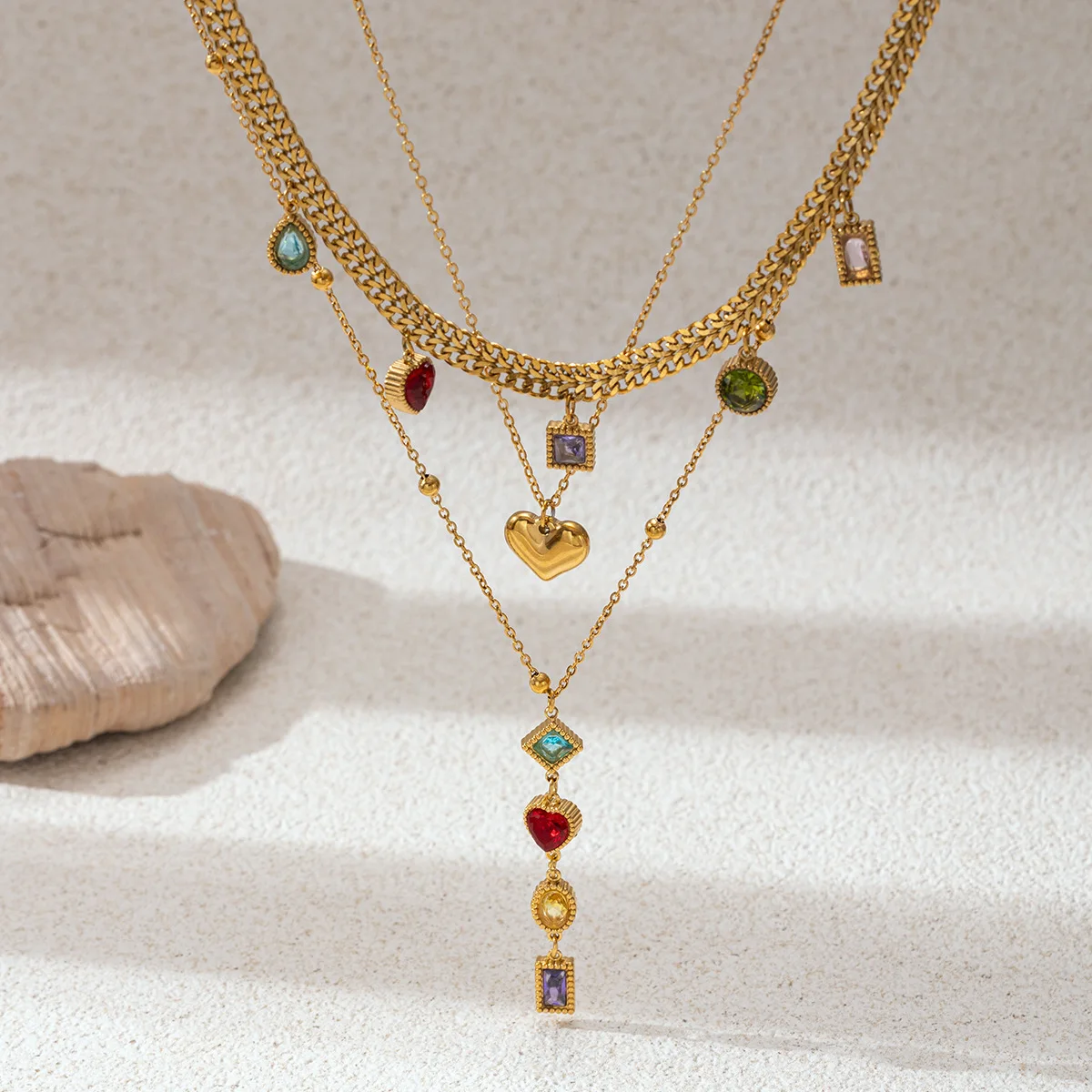 Waterproof PVD Gold Plated Layered Necklace Colorful Zircon Heart Pendant Stainless Steel Choker Non Tarnish Jewelry for Women
