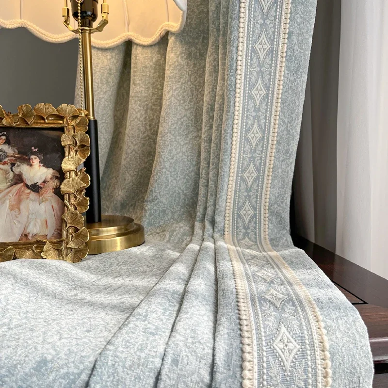 French Retro Dark Texture Chenille Grey Blue Lace Splicing Curtains for Bedroom Living Room French Window Balcony Customized - Image 3