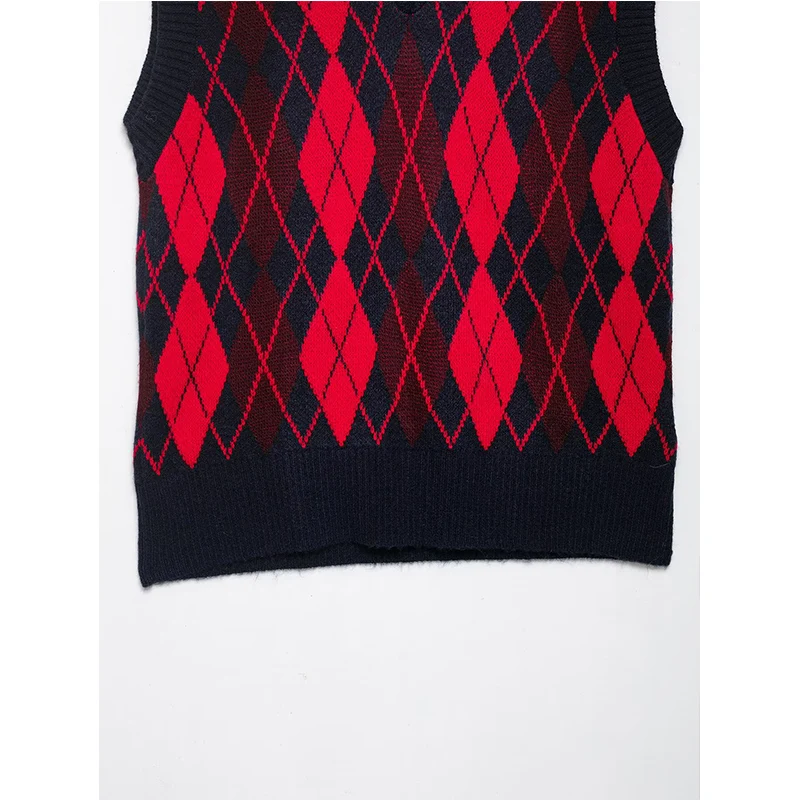 Moda donna Argyle senza maniche scollo a V gilet lavorato a maglia maglione femminile chic allentato corto pullover gilet casual top