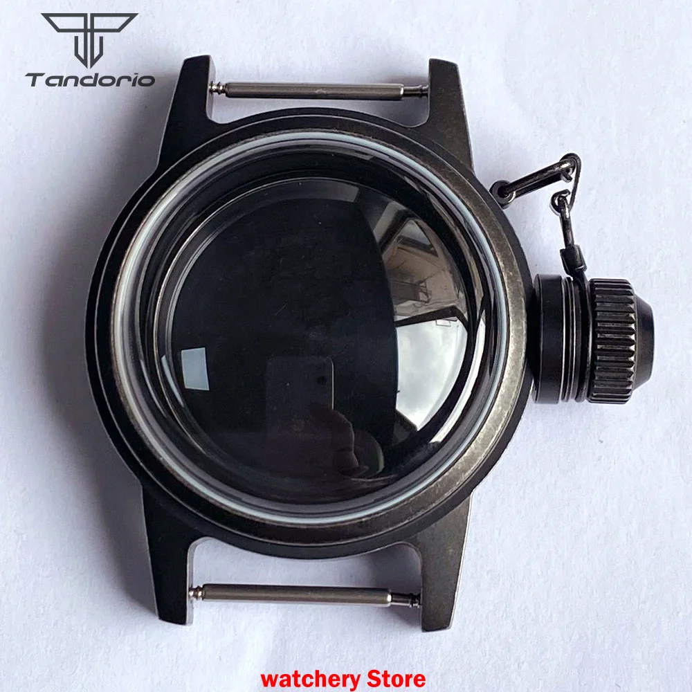 36mm Big Crown Tandorio Black PVD Watch Case 20BAR Waterproof Double Dome Sapphire Glass Fit NH35 ETA2824 Movement Watch Parts
