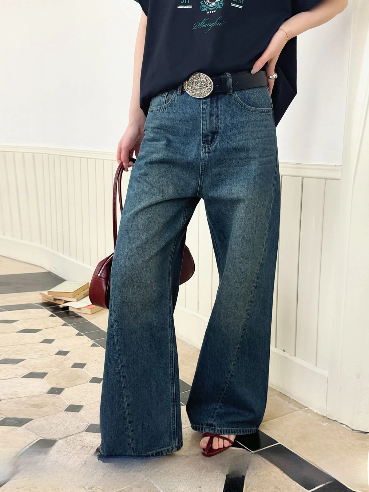 

High Waist Bell Bot Vintage Jeans Brand Handpied Store 7REREK Straight Leg Blue Denim Women's Premium Faion