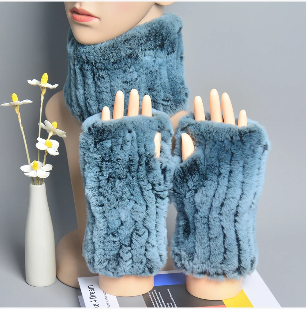 One Set Women Real Rex Rabbit Fur Cuff+Headband Winter Warmer Hat Arm Wrist Sleeve Gloves Female Real Fur Cap+Elastic Wristband