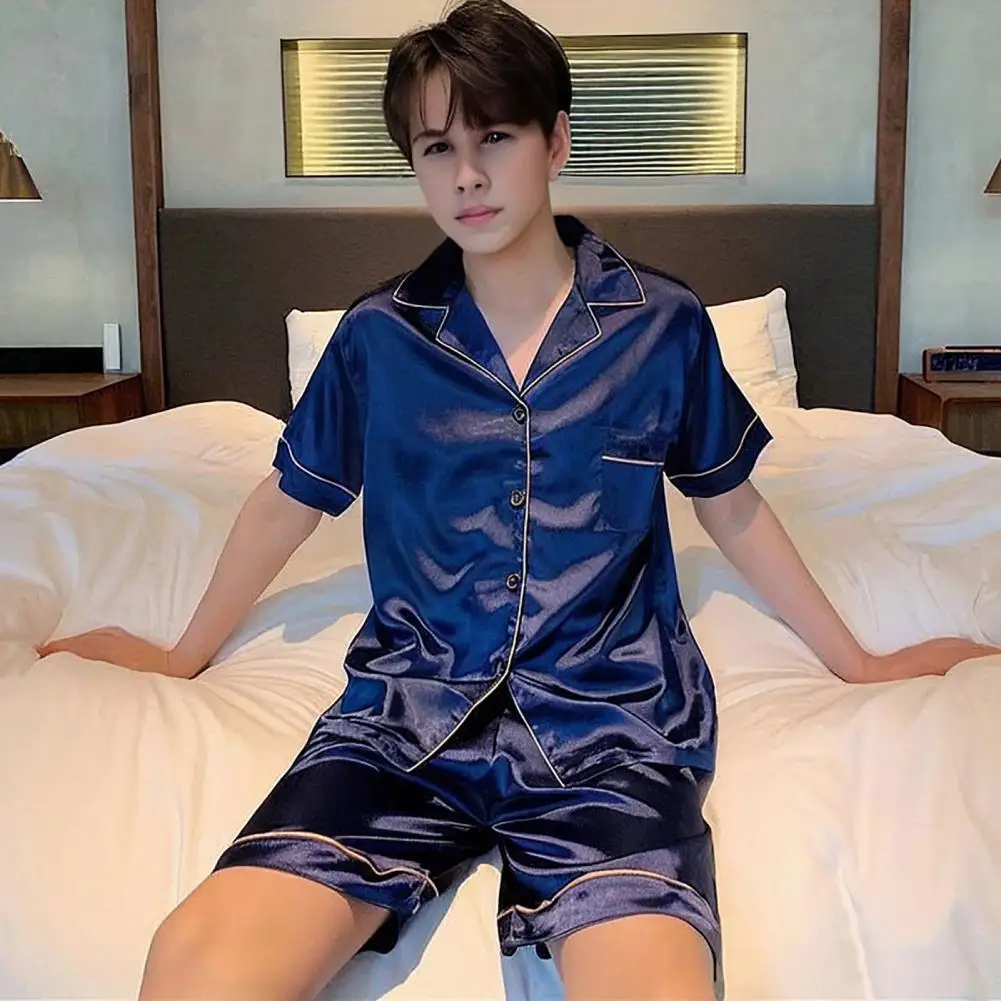 Solid Color Pajamas Silk-like Fabric Homewear Men\'s Summer Silk Pajama Set with Short Sleeve Shirt Elastic Waist Shorts for Men