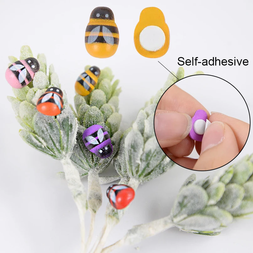 100pcs Mini Wood Bee Ladybug Colorful Ladybird with Glue DIY Craft Micro Landscape Ornament Kid Handmade Accessories Party Decor