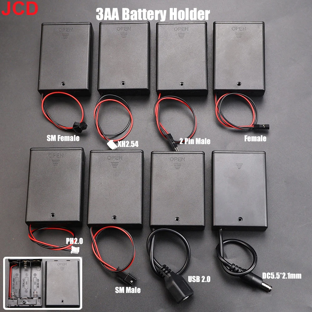 JCD 1pc 3x AA Battery Holder Storage Case Box With Switch & Cover PH2.0 XH2.54 SM DC5.5*2.1mm USB Plug Connect Terminal Cable
