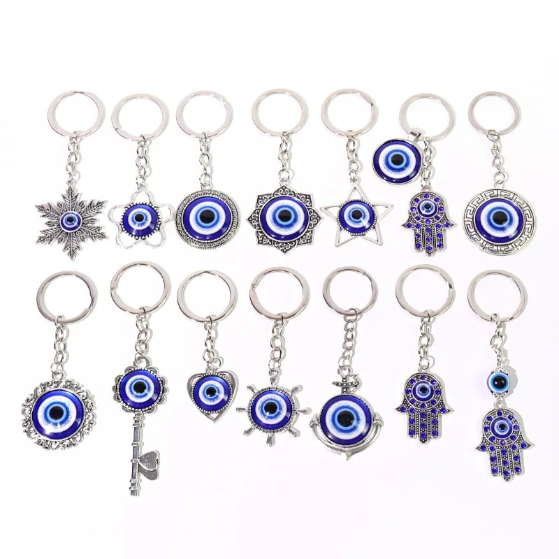 20pcs Turkish Blue Evil Eye Keychains Star Heart Palm Charms Pendant Key Rings Pendant Hanged Lucky Women Men Jewelry