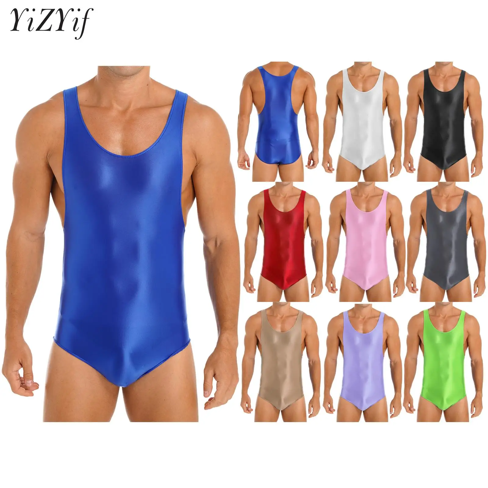 Men Glossy Sleeveless One-Piece Swimsuit Athletic Swimwear Wrestling Singlet Racer Back Stretch Bodysuit for Gym Sport Workout