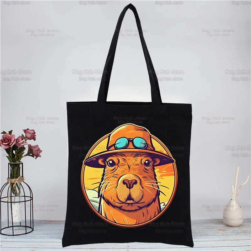 Funny Animals Capybara Cartoon Cute Women's Shopper Bag Canvas Tote Shoulder Bags Shopping Bag Black Cloth Handbags Eco Friendly