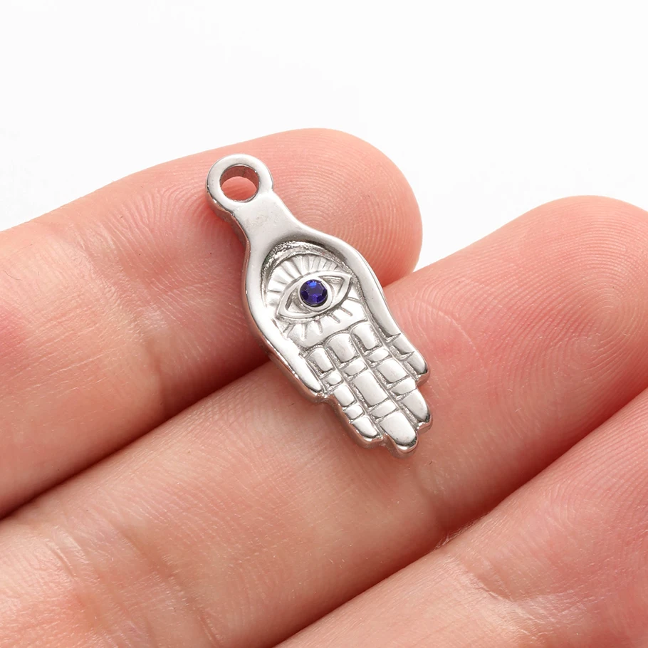5 Stück Edelstahl-Anhänger mit Fatima-Hand, Herz/Mond/Rundem Bösen Auge für Schmuckherstellung, dunkelblauer Strass-Charm, Großpackung – Detail 4