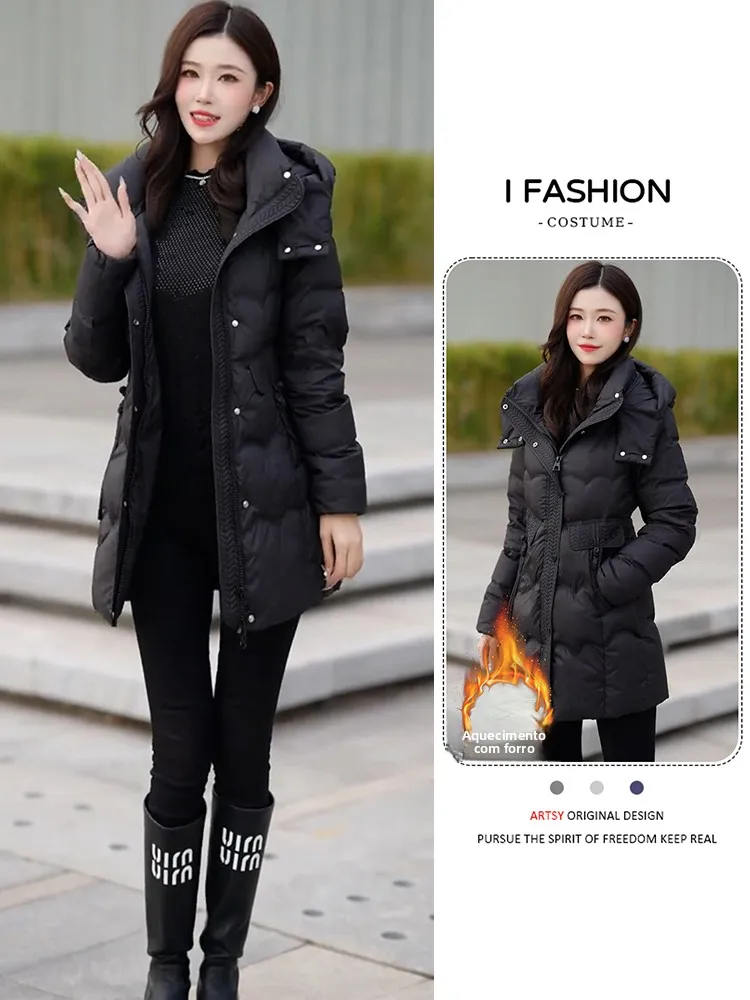 

Fashionable Thickened Cotton down Jacket Women's Mid-Length Unique Stylish Winter Coat Korean Style Loose Fit Zipper Closure