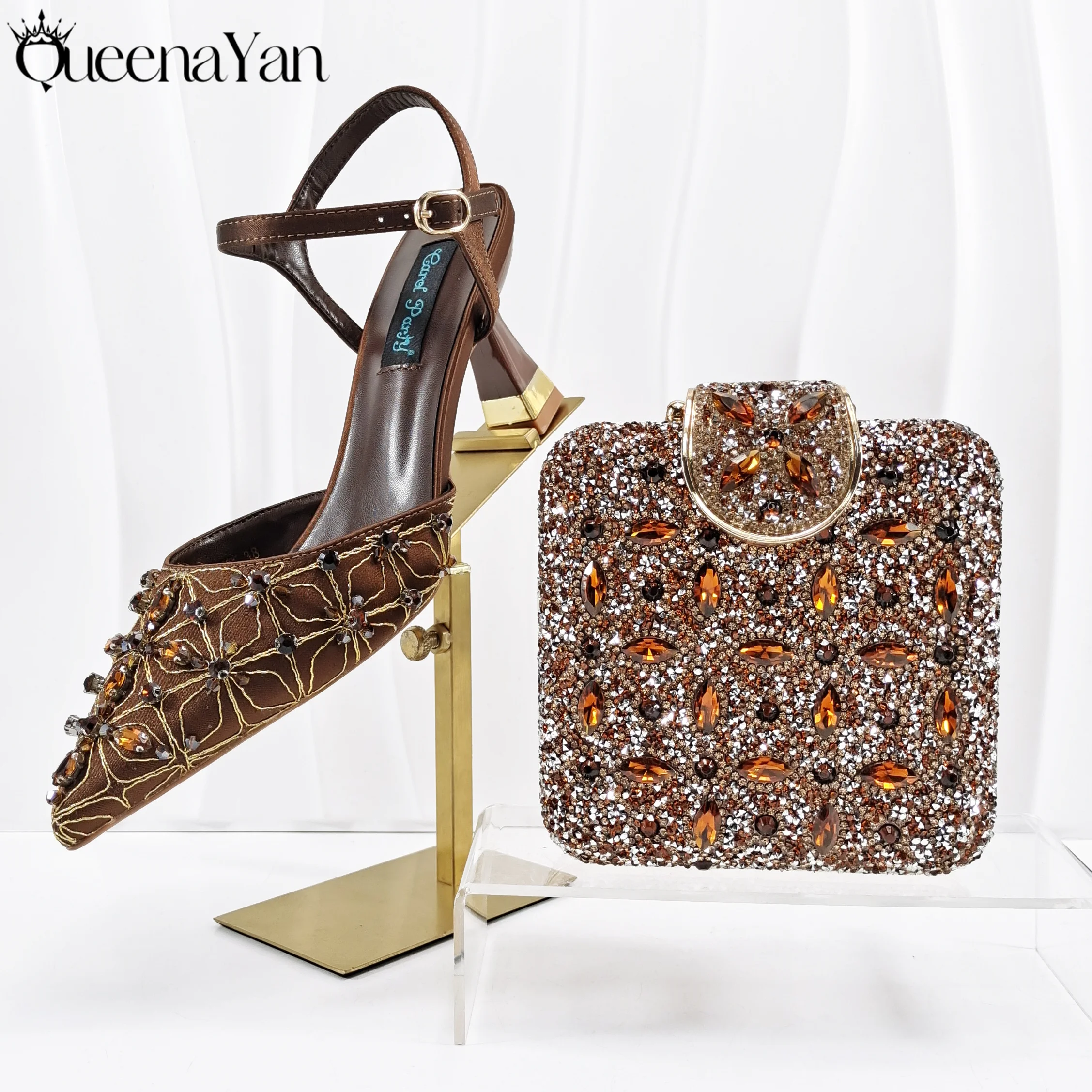 

QueenaYan Italian Fashion Women Elegant Coffee Shoes Heels & Rhinestone Clutch Bag Set Perfect for Parties and Special Occasions