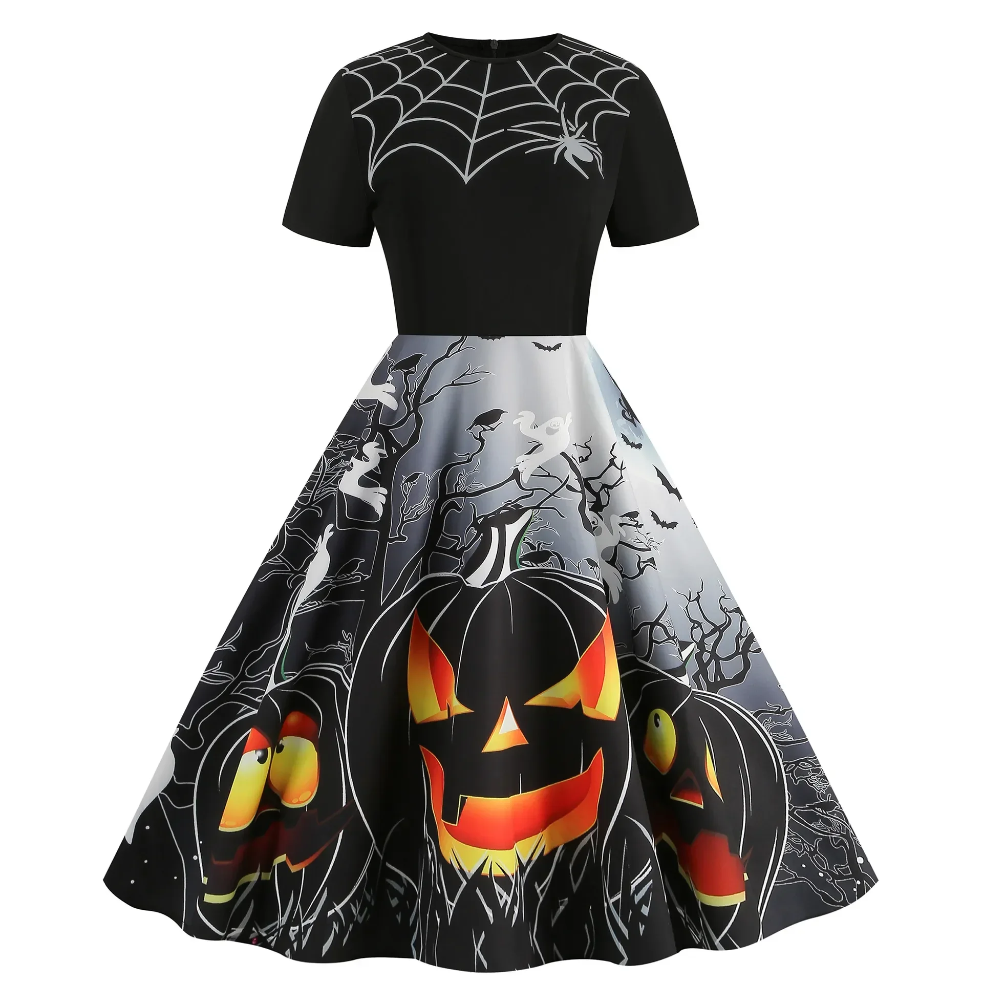 Halloween Disfraz Mujer Goth Women Cosplay Costumes Retro Dresses Robe Swing Pumpkin Skull Print Clothes Carnival Dress Up Party