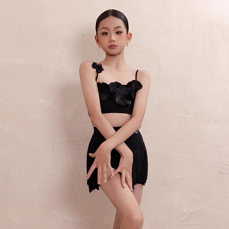 Costumes de danse latine Chacha pour filles, haut sans manches, jupes à franges, costumes de concours de danse latine pour enfants, DW10859, été