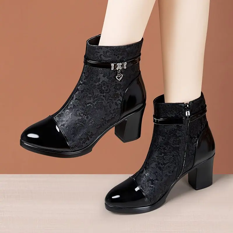 

7cm Small Size 32-43 Elegant Med Block Heels Soft Leather Shoes Woman 2024 Trend Fall Winter Floral Short Fur Ankle Boots Office