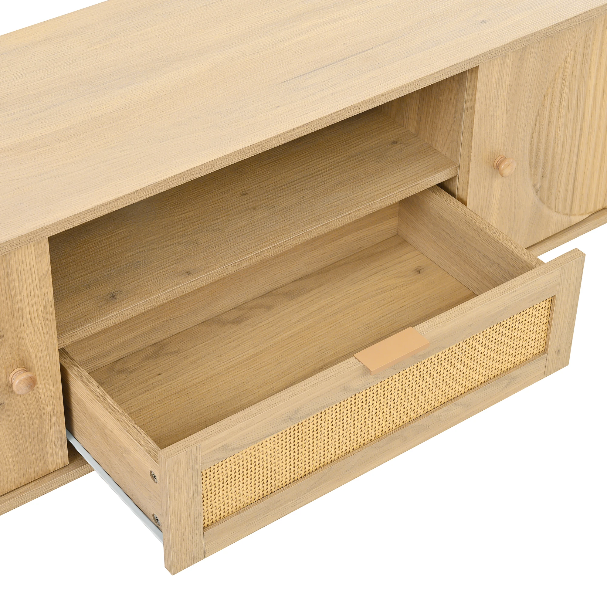 PINGGO Moderner TV-Schrank mit Rattanschublade, offenen Regalen, runder Tischplatte, Metallbeinen, Holzoptik, 175x36x41 cm – Detail 19