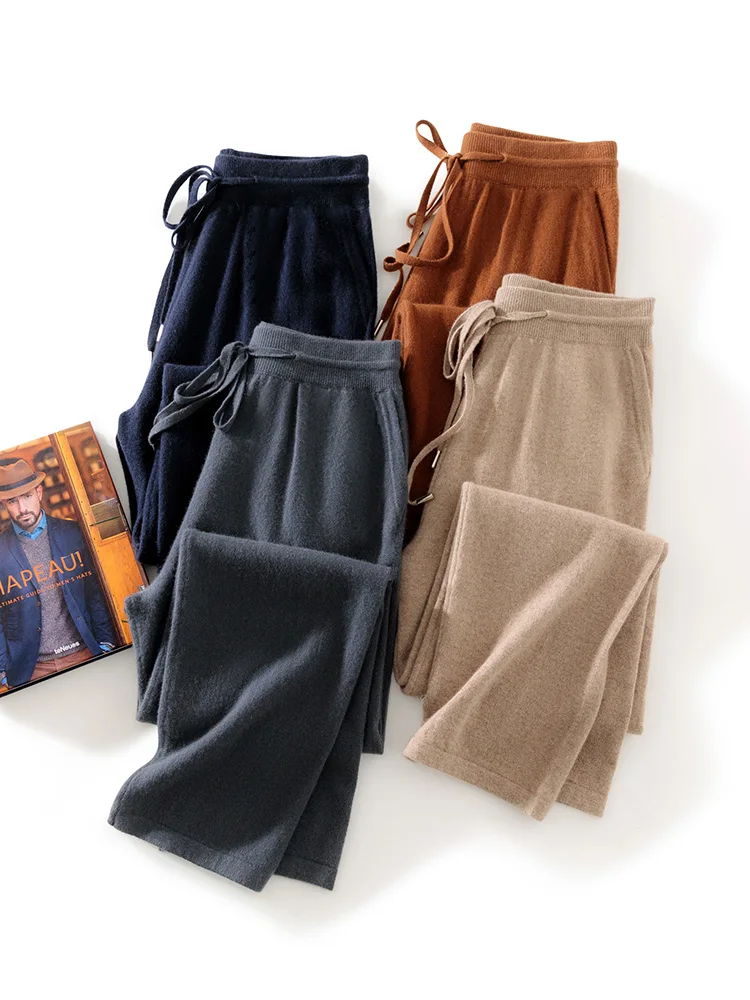Men's 100%  Cashmere Knitted Wide Leg Pants Outerwears High Waisted Loose Straight Ankle Length Casual Trousers Daily Commuting