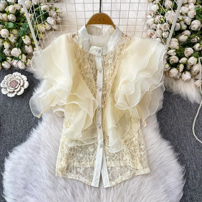 A Niche and Sweet Ins Lotus Leaf Sleeve Stand-up Collar Shirt for Women ，a Sexy Lace Patchwork Slimming and Figure-hugging Top