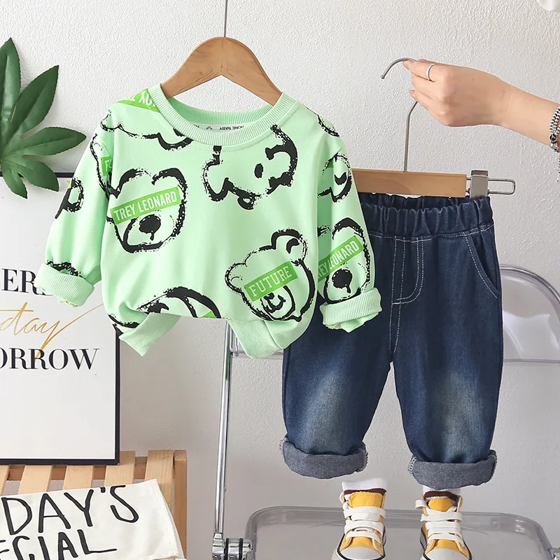Kids Cartoon Bear Graphic Sweatshirt Set, Soft Cotton Blend, Washed Denim Pants, Toddler Boy Trendy Outfit for Spring Autumn