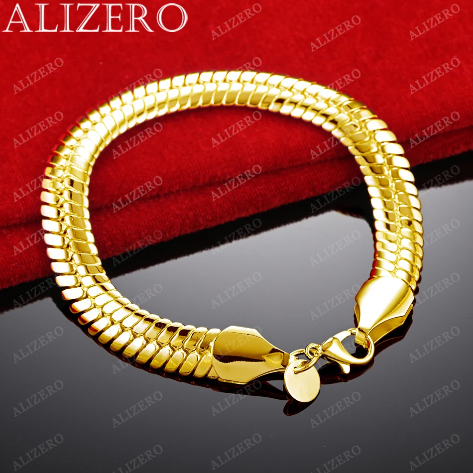 ALIZERO 18K Gold Bracelet 10mm Snake Bone Chain Bracelets For Women Men Fashion Wedding Party Jewelry Gift