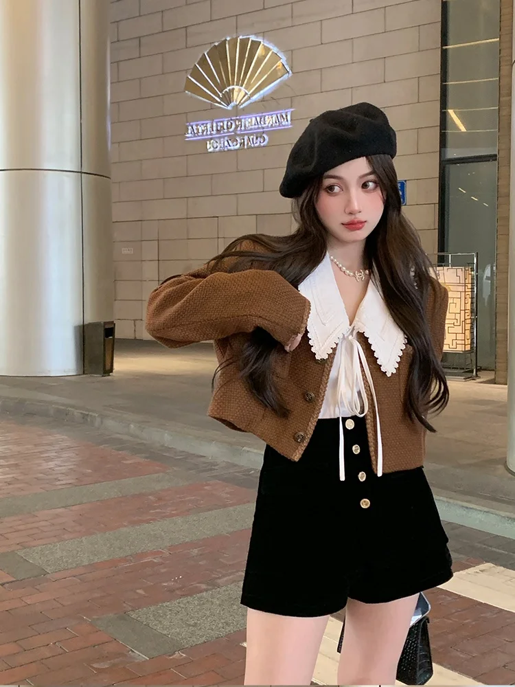 

Slimming Woolen Set for plus Size Women Autumn Season Fashionable Short Coat Korean Style High Waist Pure Color Commute Wind