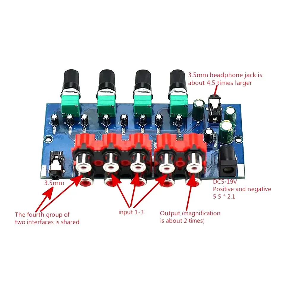 4 to 2 RCA Audio Mixer Stereo Audio Source Switcher Volume Control 3.5mm Headphone Amplifier Splitter DIY Power Amplifier