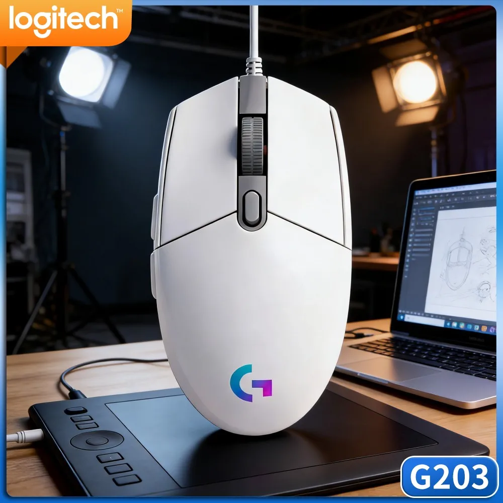 Logitech G203 Wired Gaming Mouse Soft RGB Illumination Ergonomic Shape Adjustable DPI USB For Notebook Desktop Duties