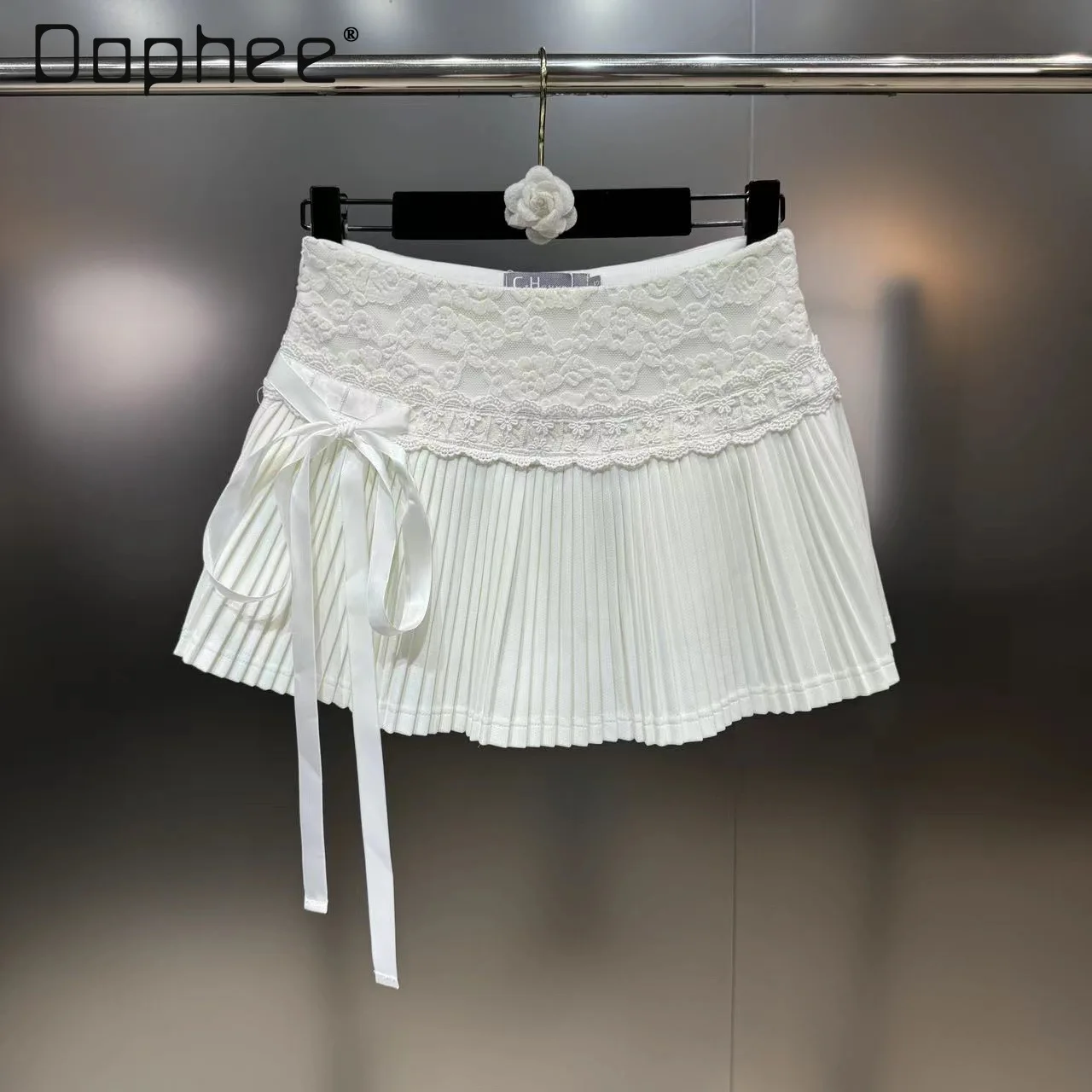 Sweet Lace Pleated Mini Skirts Women Lace Up Solid Color Patchwork Bow Korean Cute Cake Skirts Summer Fashion Short Skirt