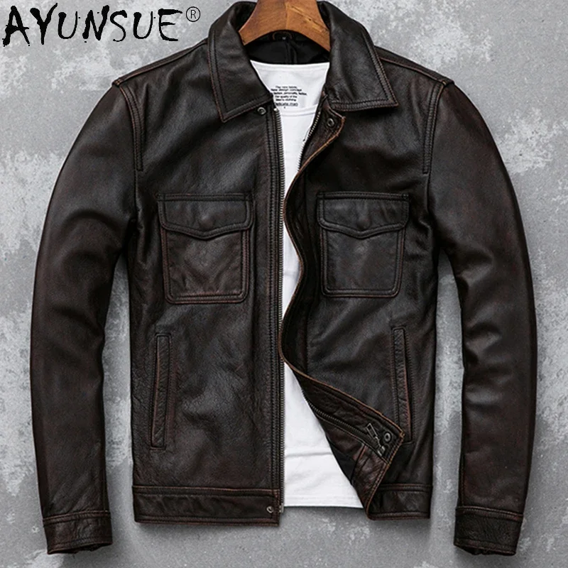 AYUNSUE Genuine Leather Jacket Men Vintage Natural Cowskin Coat Spring 21 Mens Leather Motorcycle Jackets Brown Chaquetas Hombre