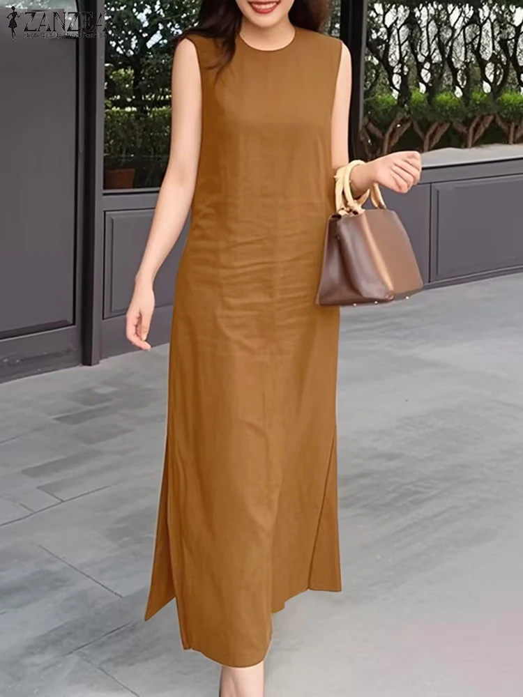 ZANZEA 민소매 사이드 슬릿 맥시 드레스 통근 솔리드 오 넥 2025 여름 패션 긴 가운 Femme 여성 캐주얼 탱크 Vestidos