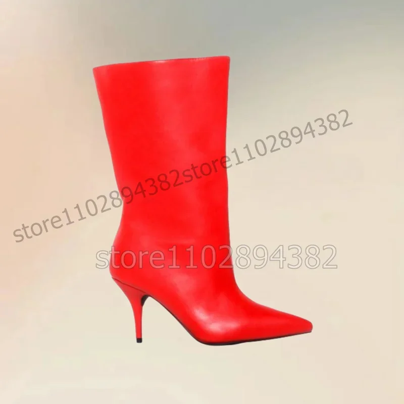 

Red Large Cuff Matte Leather Pointed Toe Boots Slip On Women Shoes Thin High Heels Novel Fashion Party 2023 Zapatos Para Mujere