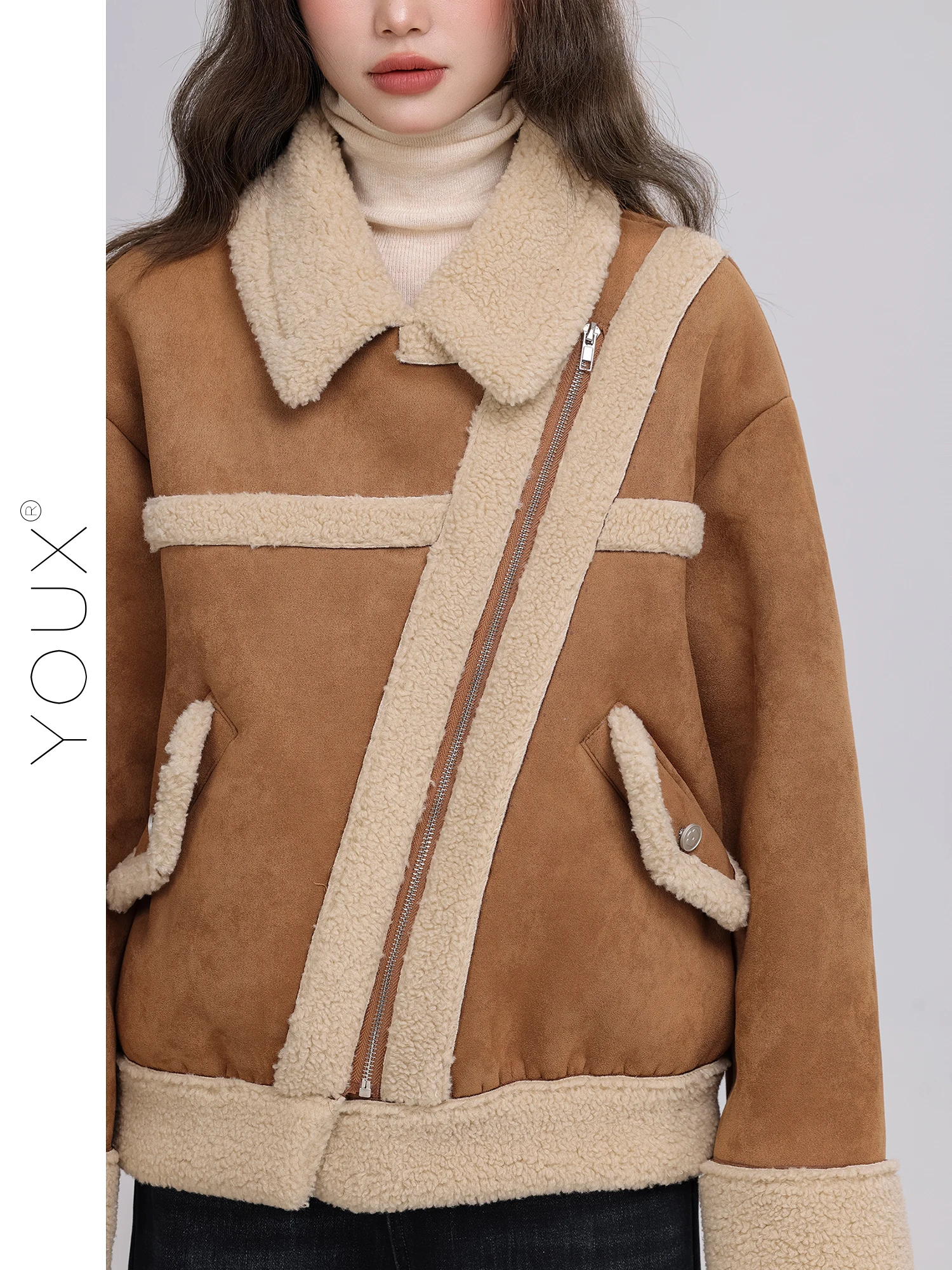 Warme koffiekleurige retro jas Damesjas van imitatiebont en leer Kleur Blo Winterbuitenkleding Sli Cact Design Damesmode