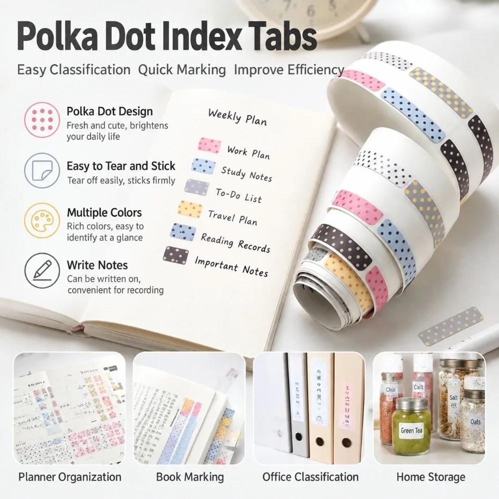 100Pcs/Roll Practical Polka Dot Index Tabs Self Adhesive Classification Index Stickers Writable Page Markers DIY Scrapbooking