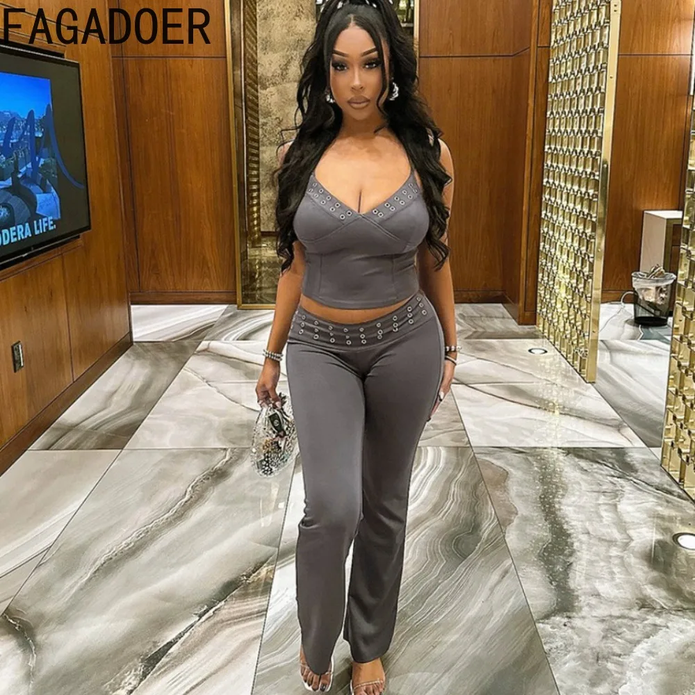 

FAGADOER Gray Fashion Solid Hole Two Piece Sets Women V Neck Thin Strap Sleeveless Vest + Skinny Pants Tracksuits Female Outfits