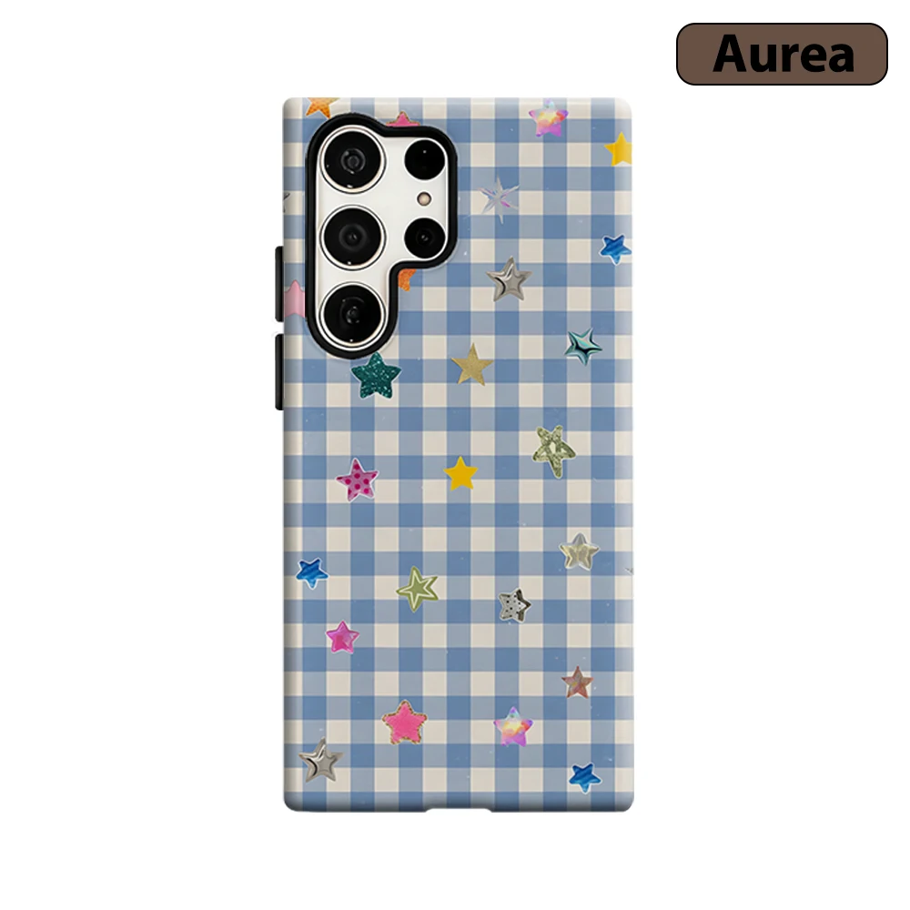 Blue Gingham Star Decals Phone Case for Samsung Galaxy S26 S25 Ultra S24 S23 Ultra Plus Shockproof Double layer tough Back Cover