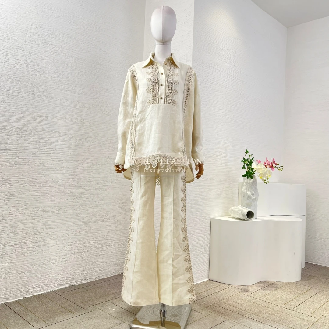 

Pure Linen Holiday High Quality 2025 Latest New Hollow Out Full Sleeve Blouse and Bootcut Pants Women Hot Set Outfit