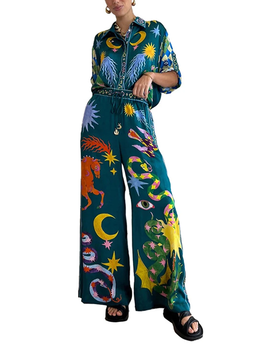 Set di pantaloni di lino da donna Tropical Vibes con tunica a maniche lunghe e pantaloni con coulisse a gamba larga-Button Down Style