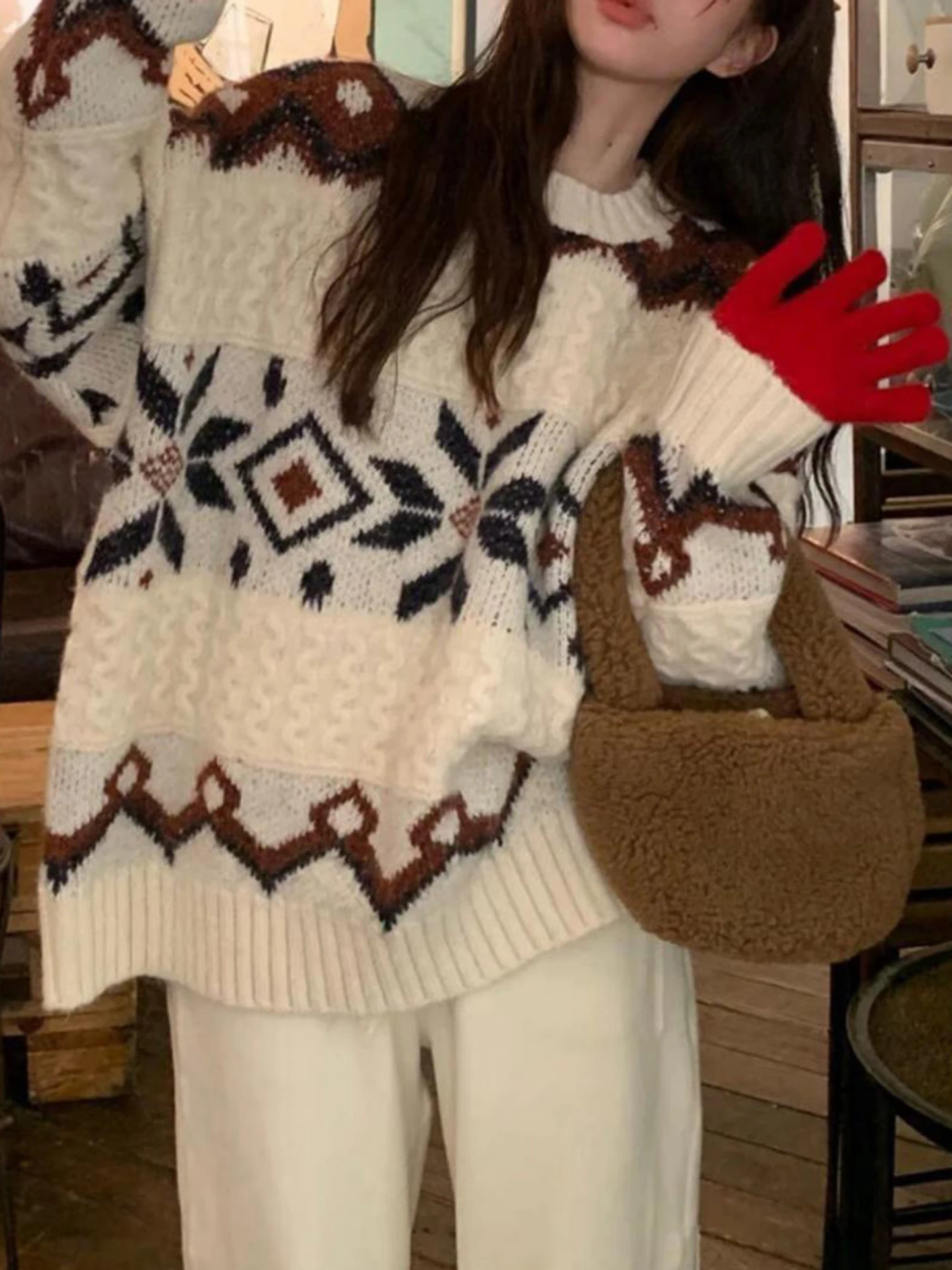 

Pullover Women 100% Merino Wool Luxury Splicing Color O-Neck Knit Autumn Winter Printing Clothing Skin Friendly Loose Warm Top