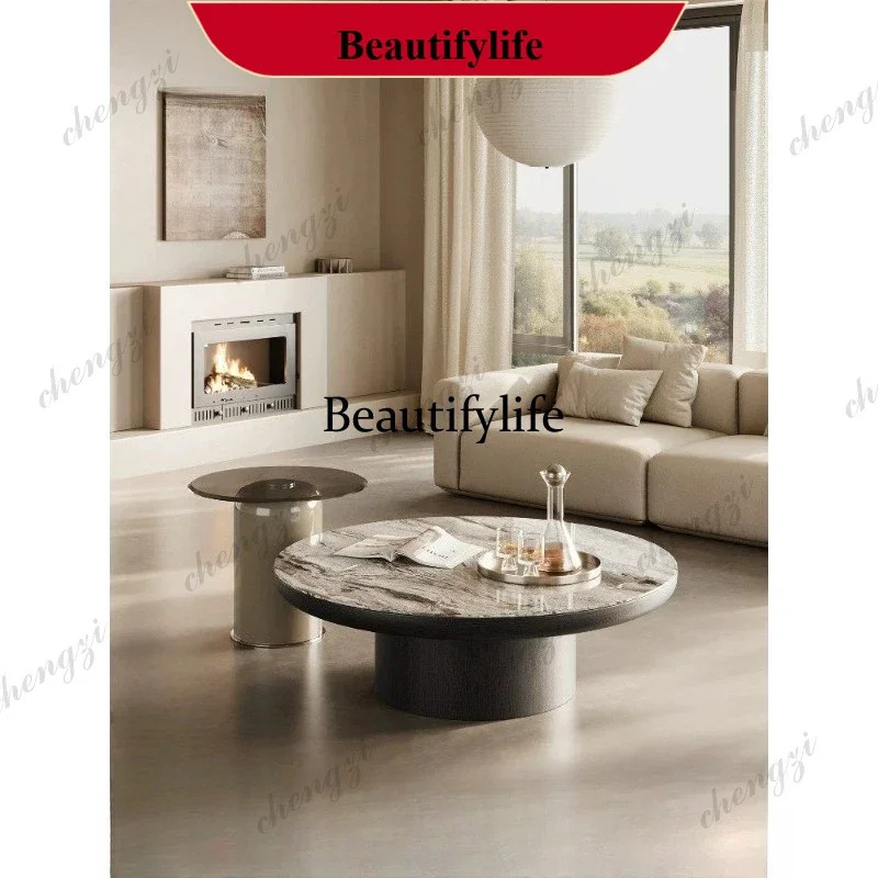 Pure natural luxury stone Italian minimalist high-end light luxury marble round coffee table combination p182