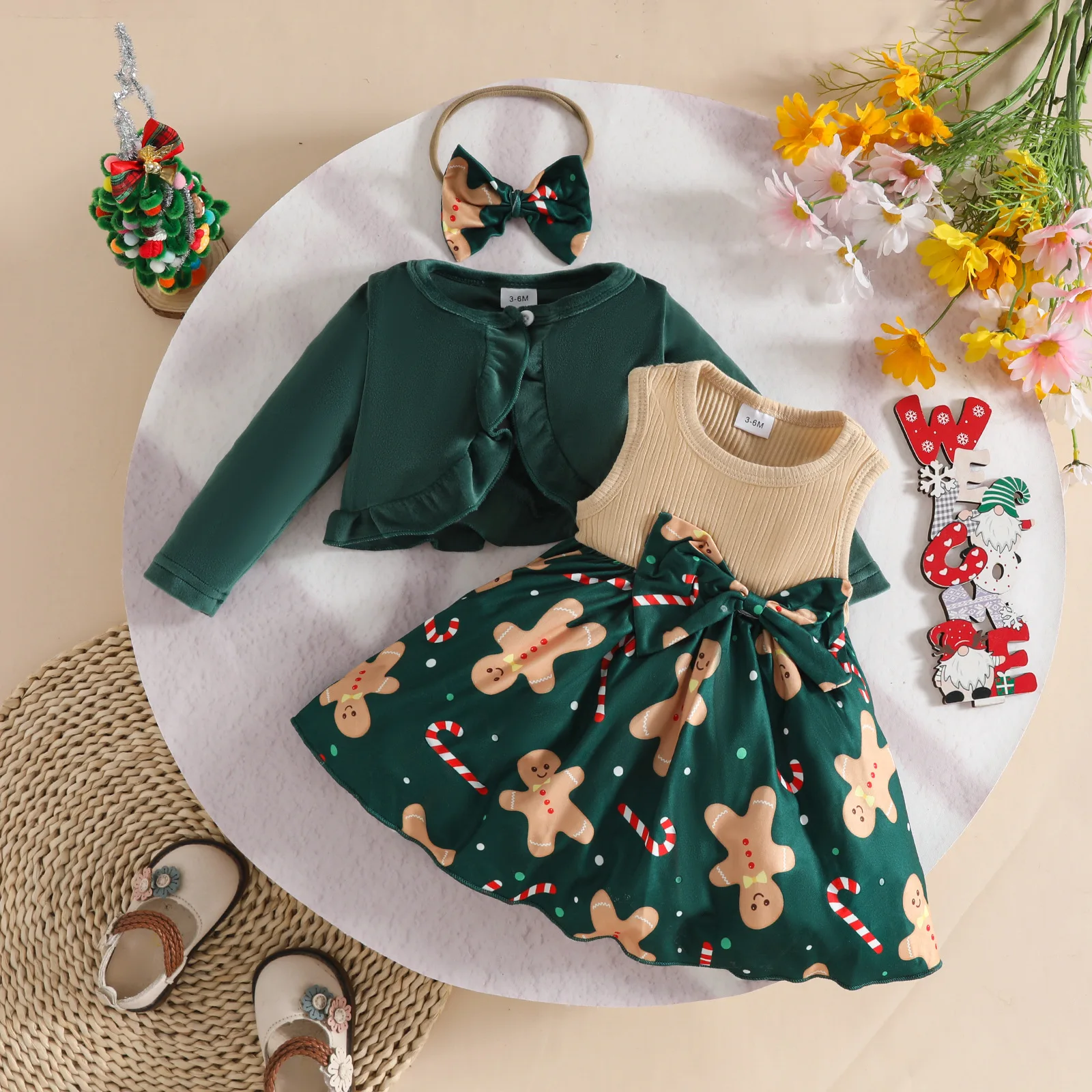 Baby Girls Christmas Dress with Cardigan Xmas Print Gown Long Sleeve Velvet Shawl Coat Headband Set for Wedding Birthday Party