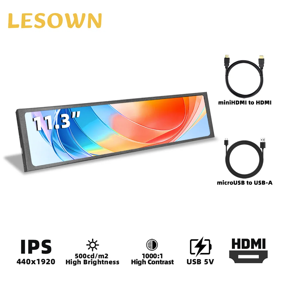 LESOWN 11,3-дюймовый компактный баннерный дисплей 440×1920 IPS ЖК-дисплей Вторичный портативный монитор AIDA64 Сенсорная панель для корпуса компьютера ARGB