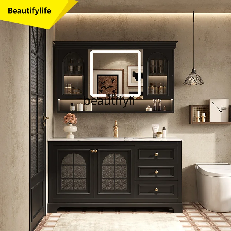 

X18 French retro floor-to-ceiling bathroom cabinet combination bathroom rock slab hot bending integrated basin washstand