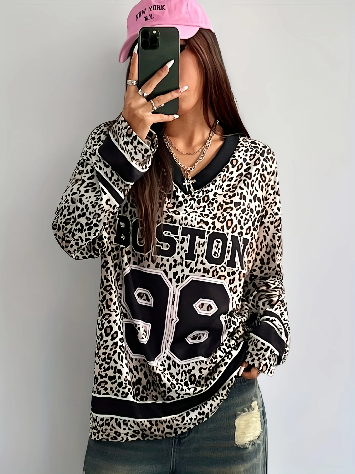 Women's Leopard Print V-Neck Long Sleeve Top Casual Style with Alphabets and Numbers Print Loose Fit for Spring/Summer T-shirt